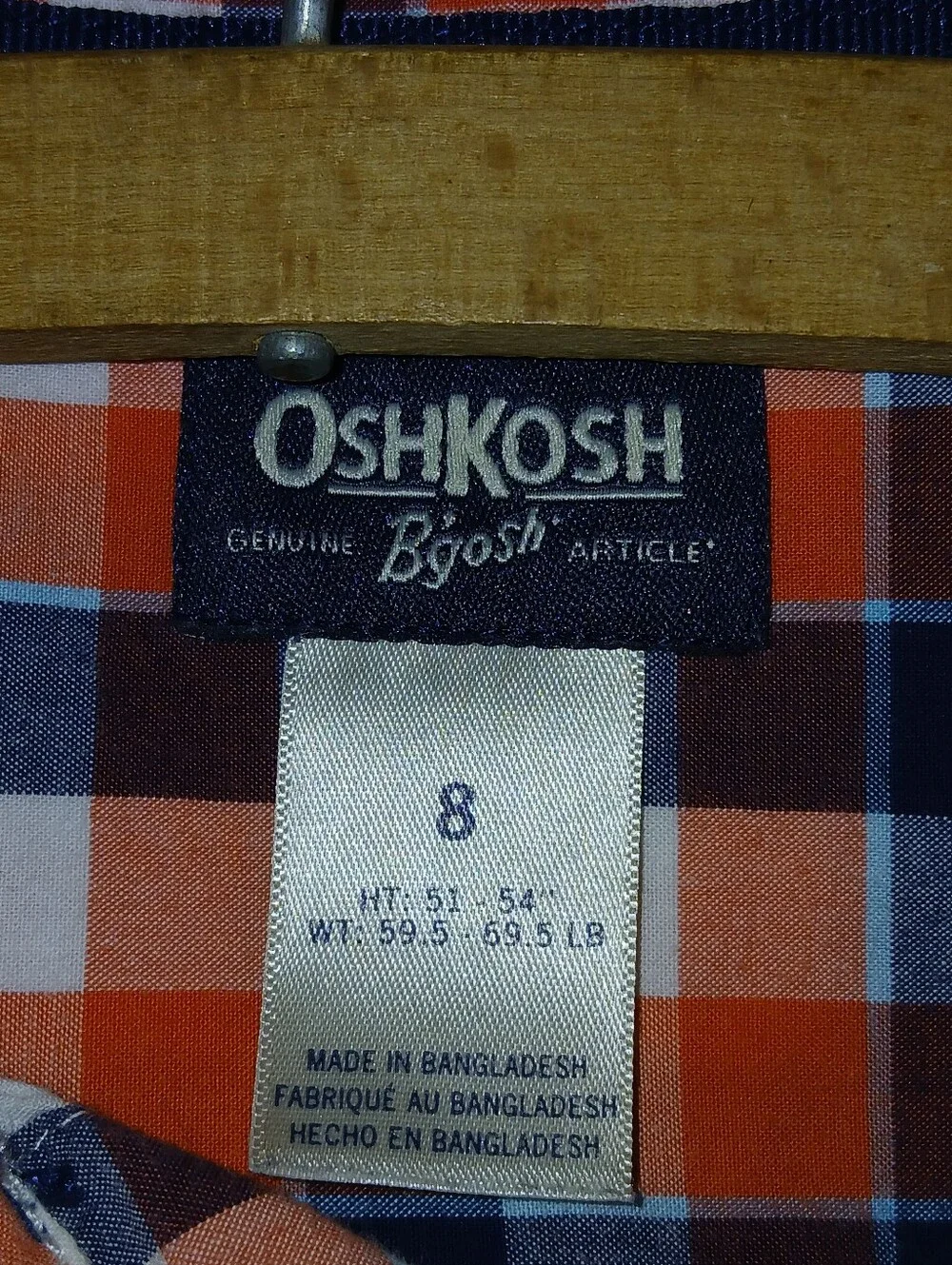 OshKosh Boy' Size 8 Orange,Blue, & White Plaid LS Button-Up Shirt. FF#491